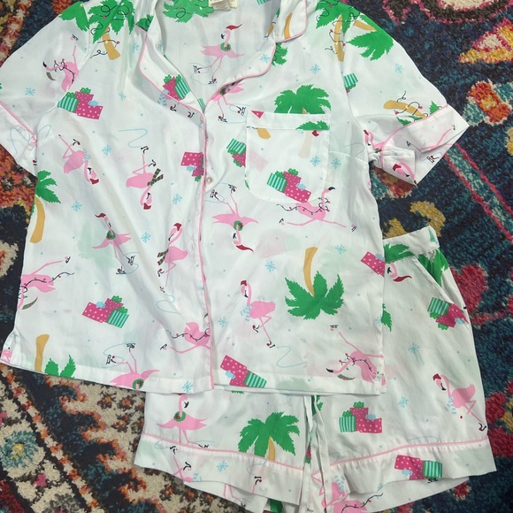 Cynthia Rowley pj set Christmas palm trees flamingo - Picture 3 of 4